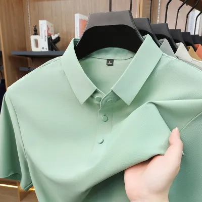 Men'S Fashion Casual Solid Color Ice Silk Seamless Lapel Short-Sleeve Polo Shirt
