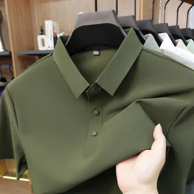Men'S Fashion Casual Solid Color Ice Silk Seamless Lapel Short-Sleeve Polo Shirt