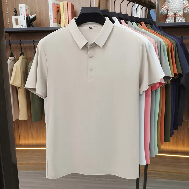 Men'S Fashion Casual Solid Color Ice Silk Seamless Lapel Short-Sleeve Polo Shirt