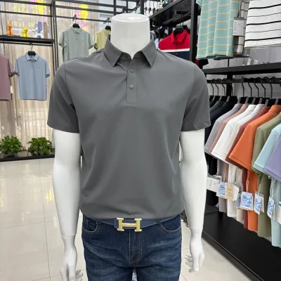 Men'S Fashion Casual Summer Solid Color Ice Silk Seamless Lapel Short Sleeve Polo Shirt