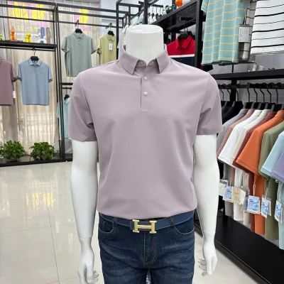 Men'S Fashion Casual Summer Solid Color Ice Silk Seamless Lapel Short Sleeve Polo Shirt