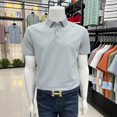 Men'S Fashion Casual Summer Solid Color Ice Silk Seamless Lapel Short Sleeve Polo Shirt