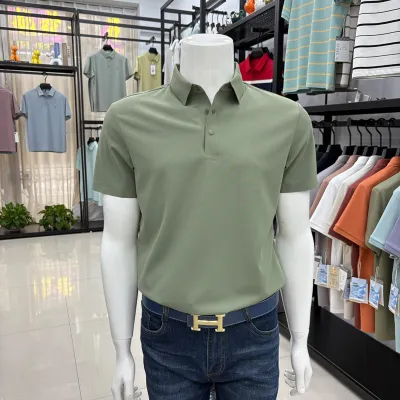 Men'S Fashion Casual Summer Solid Color Ice Silk Seamless Lapel Short Sleeve Polo Shirt