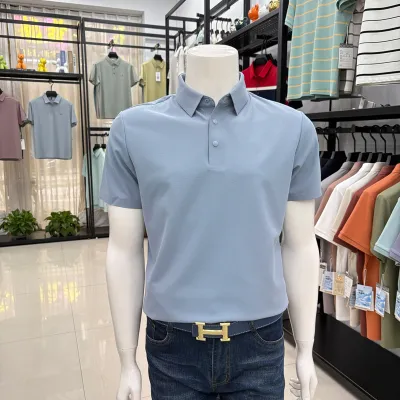 Men'S Fashion Casual Summer Solid Color Ice Silk Seamless Lapel Short Sleeve Polo Shirt
