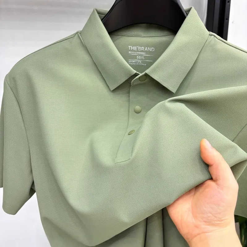 Men'S Fashion Casual Summer Solid Color Ice Silk Seamless Lapel Short Sleeve Polo Shirt