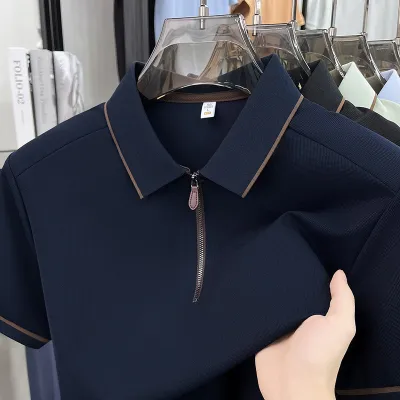 Men'S Fashion Casual Solid Color Half-Zipper Lapel Short-Sleeve Polo Shirt