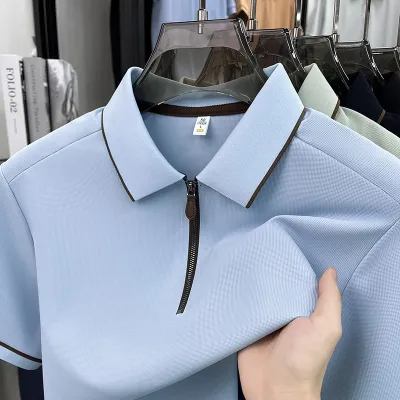 Men'S Fashion Casual Solid Color Half-Zipper Lapel Short-Sleeve Polo Shirt