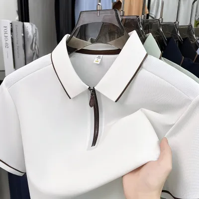 Men'S Fashion Casual Solid Color Half-Zipper Lapel Short-Sleeve Polo Shirt