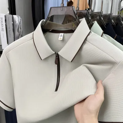 Men'S Fashion Casual Solid Color Half-Zipper Lapel Short-Sleeve Polo Shirt