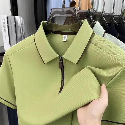 Men'S Fashion Casual Solid Color Half-Zipper Lapel Short-Sleeve Polo Shirt