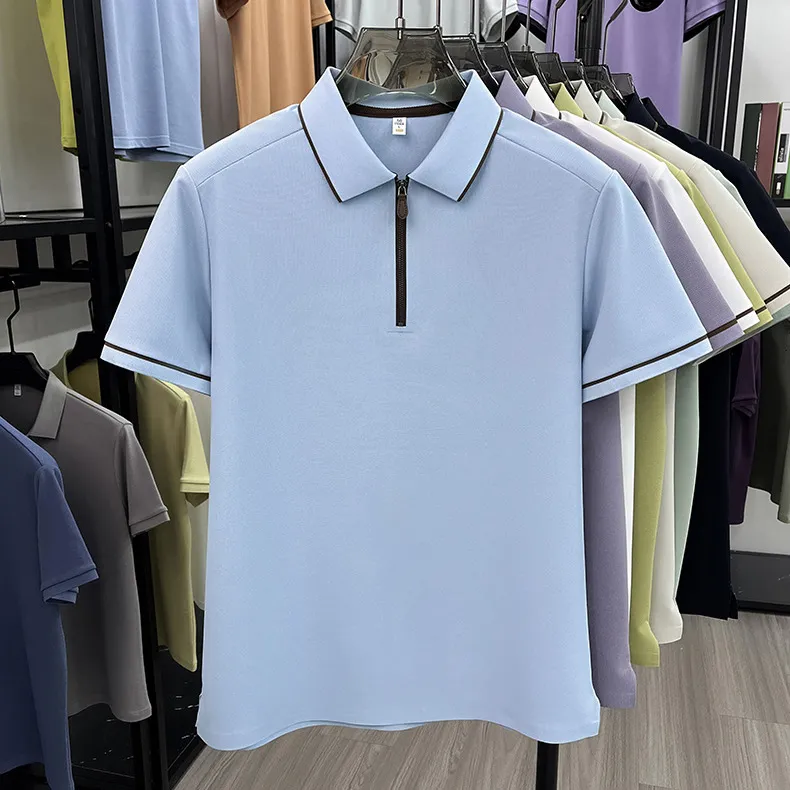 Men'S Fashion Casual Solid Color Half-Zipper Lapel Short-Sleeve Polo Shirt
