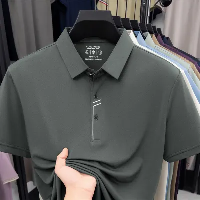 Men'S Fashion Casual Solid Color Ice Silk Lapel Short-Sleeve Polo Shirt
