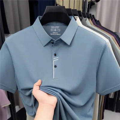 Men'S Fashion Casual Solid Color Ice Silk Lapel Short-Sleeve Polo Shirt