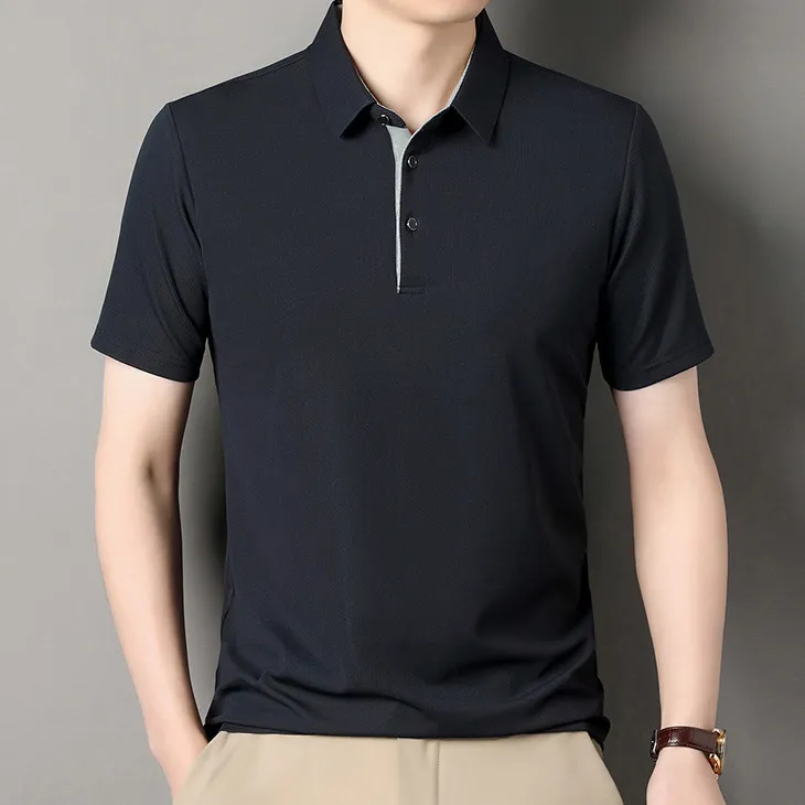 Men'S Fashion Casual Solid Color Seamless Lapel Short-Sleeve Polo Shirt