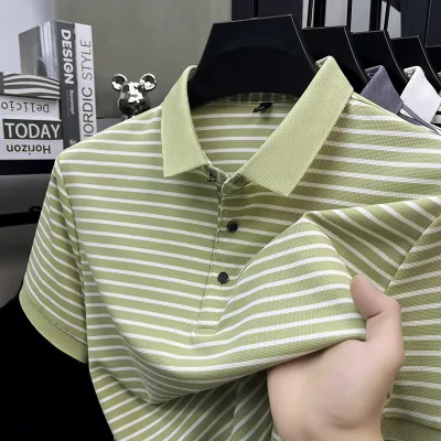 Men'S Fashion Casual Stripe Ice Silk Lapel Short-Sleeved Polo Shirt