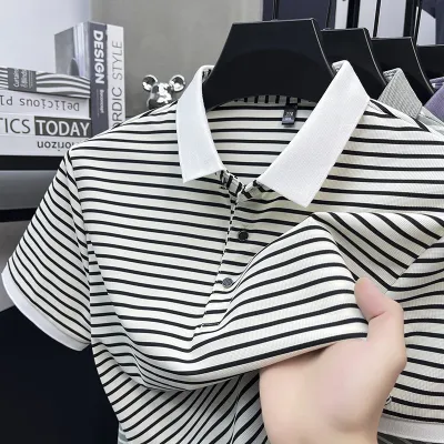 Men'S Fashion Casual Stripe Ice Silk Lapel Short-Sleeved Polo Shirt