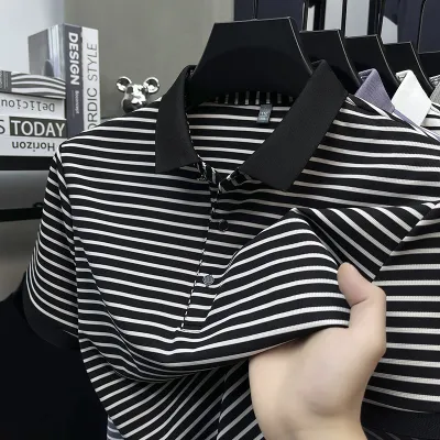 Men'S Fashion Casual Stripe Ice Silk Lapel Short-Sleeved Polo Shirt