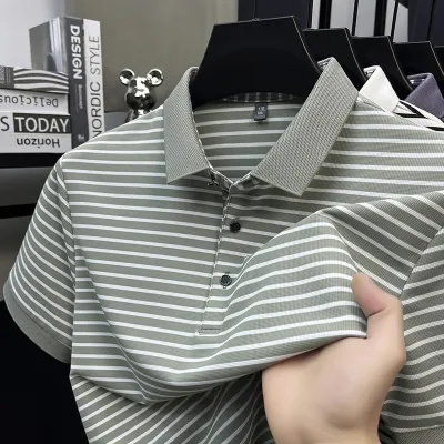 Men'S Fashion Casual Stripe Ice Silk Lapel Short-Sleeved Polo Shirt