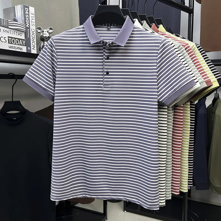 Men'S Fashion Casual Stripe Ice Silk Lapel Short-Sleeved Polo Shirt