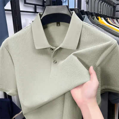 Men Fashion Casual Solid Color Cotton Lapel Short-Sleeve Polo Shirt
