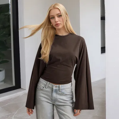 Autumn Women Casual Fashion Solid Color Round Neck Long Sleeve Cropped Top