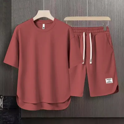 Men Fashion Casual Summer Solid Color Short-Sleeved T-Shirt Loose Shorts Two-Piece Set