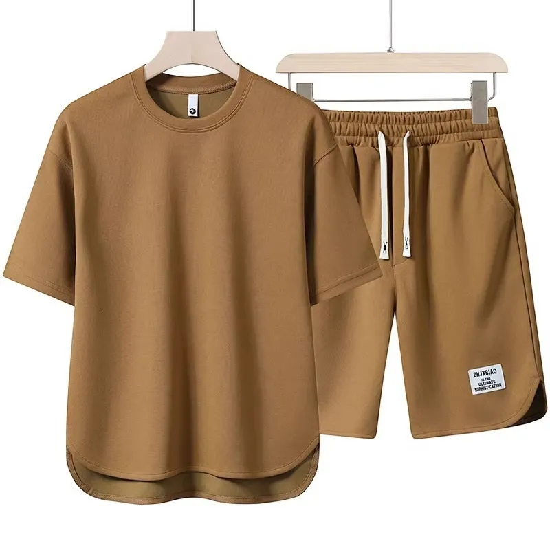 Men Fashion Casual Summer Solid Color Short-Sleeved T-Shirt Loose Shorts Two-Piece Set