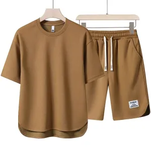 Men Fashion Casual Summer Solid Color Short-Sleeved T-Shirt Loose Shorts Two-Piece Set