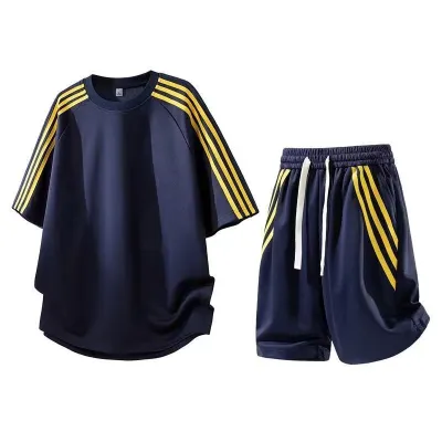 Men Fashion Casual Summer Stripe Short-Sleeve T-Shirt Loose Shorts Two-Piece Set