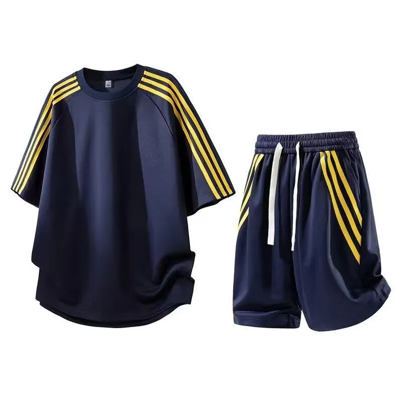Men Fashion Casual Summer Stripe Short-Sleeve T-Shirt Loose Shorts Two-Piece Set