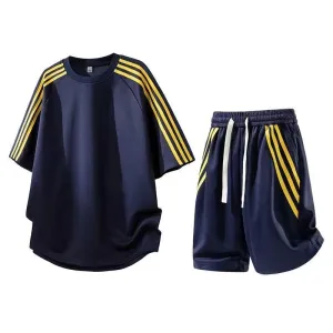 Men Fashion Casual Summer Stripe Short-Sleeve T-Shirt Loose Shorts Two-Piece Set