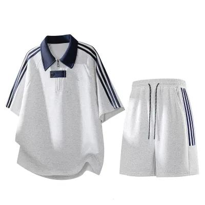 Men Fashion Casual Summer Cotton Stripe Lapel Short-Sleeve T-Shirt Loose Shorts Two-Piece Set