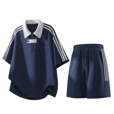 Men Fashion Casual Summer Cotton Stripe Lapel Short-Sleeve T-Shirt Loose Shorts Two-Piece Set