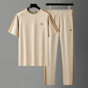 Men Fashion Casual Summer Ice Silk Breathable Short-Sleeve T-Shirt Pants Two-Piece Set