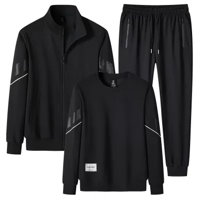 Men'S Fashion Casual Spring And Autumn Long-Sleeve Vertical Collar Jacket Round Neck Sweatshirt Pants Three-Piece Set