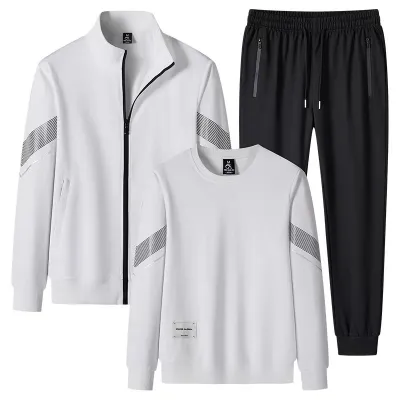 Men'S Fashion Casual Spring And Autumn Long-Sleeve Vertical Collar Jacket Round Neck Sweatshirt Pants Three-Piece Set