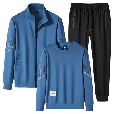 Men'S Fashion Casual Spring And Autumn Long-Sleeve Vertical Collar Jacket Round Neck Sweatshirt Pants Three-Piece Set