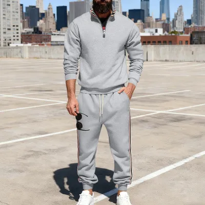 Men Fashion Casual Spring Autumn Stripe Stand Collar Long-Sleeve Sweatshirt Pants Two-Piece Set