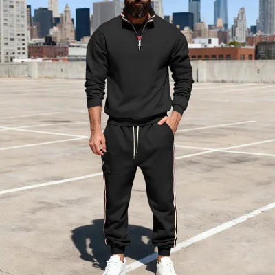 Men Fashion Casual Spring Autumn Stripe Stand Collar Long-Sleeve Sweatshirt Pants Two-Piece Set