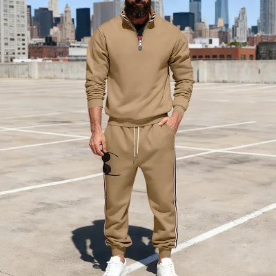 Men Fashion Casual Spring Autumn Stripe Stand Collar Long-Sleeve Sweatshirt Pants Two-Piece Set