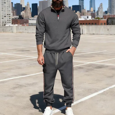 Men Fashion Casual Spring Autumn Stripe Stand Collar Long-Sleeve Sweatshirt Pants Two-Piece Set