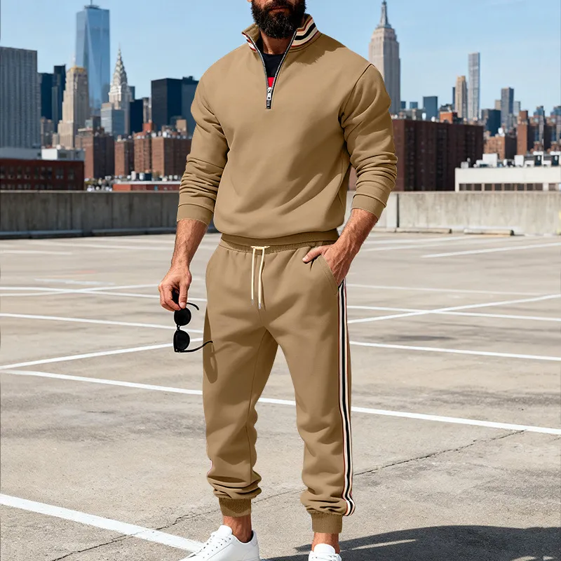 Men Fashion Casual Spring Autumn Stripe Stand Collar Long-Sleeve Sweatshirt Pants Two-Piece Set