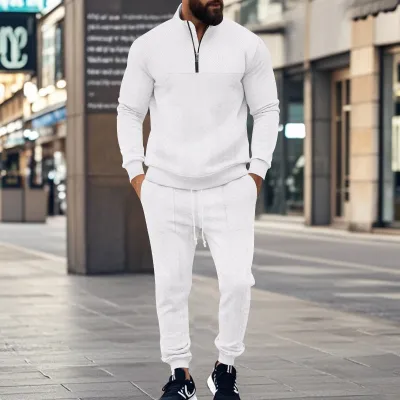 Men Fashion Casual Spring Autumn Solid Color Jacquard Stand Collar Long-Sleeve Sweatshirt Pants Two-Piece Set