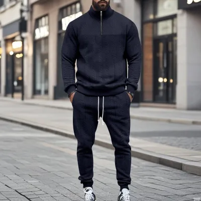 Men Fashion Casual Spring Autumn Solid Color Jacquard Stand Collar Long-Sleeve Sweatshirt Pants Two-Piece Set