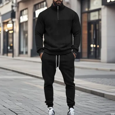 Men Fashion Casual Spring Autumn Solid Color Jacquard Stand Collar Long-Sleeve Sweatshirt Pants Two-Piece Set