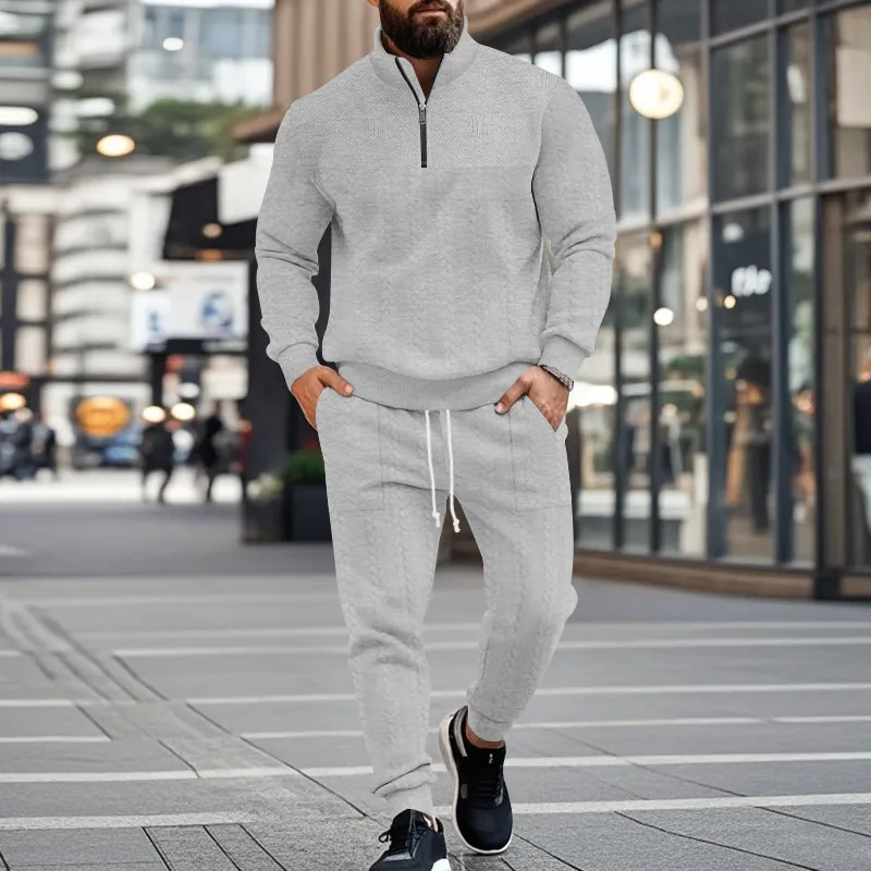 Men Fashion Casual Spring Autumn Solid Color Jacquard Stand Collar Long-Sleeve Sweatshirt Pants Two-Piece Set