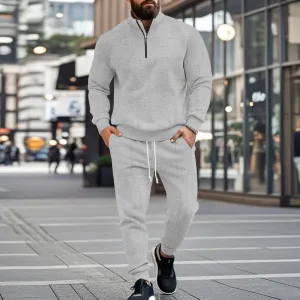Men Fashion Casual Spring Autumn Solid Color Jacquard Stand Collar Long-Sleeve Sweatshirt Pants Two-Piece Set