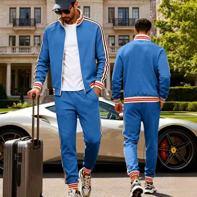 Men Fashion Casual Spring Autumn Fleece Long-Sleeve Zipper Jacket Pants Two-Piece Set