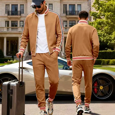 Men Fashion Casual Spring Autumn Fleece Long-Sleeve Zipper Jacket Pants Two-Piece Set