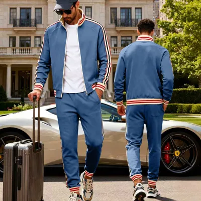Men Fashion Casual Spring Autumn Fleece Long-Sleeve Zipper Jacket Pants Two-Piece Set